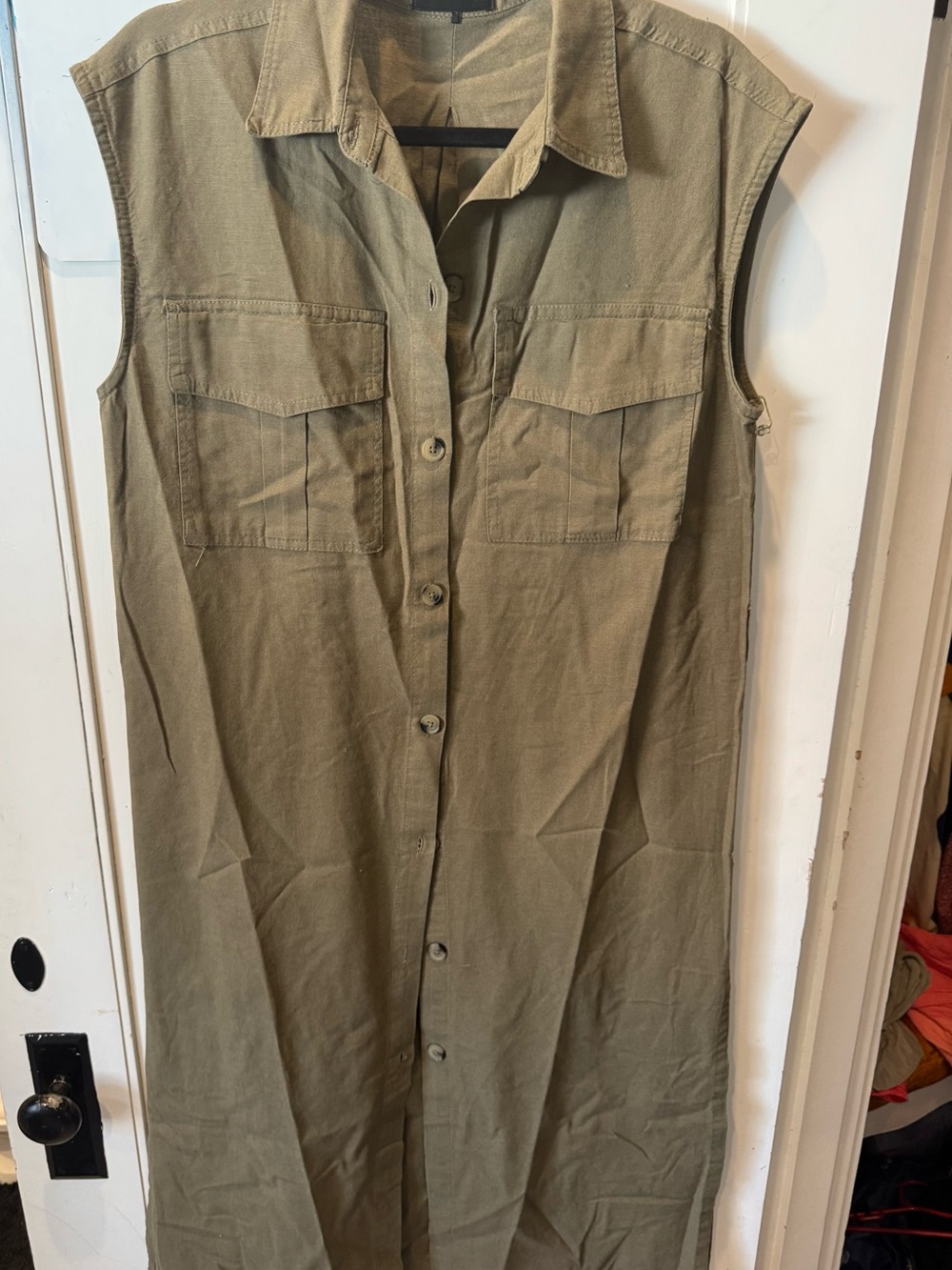 Sleeveless Olive Midi Shirt Dress with Front Buttons